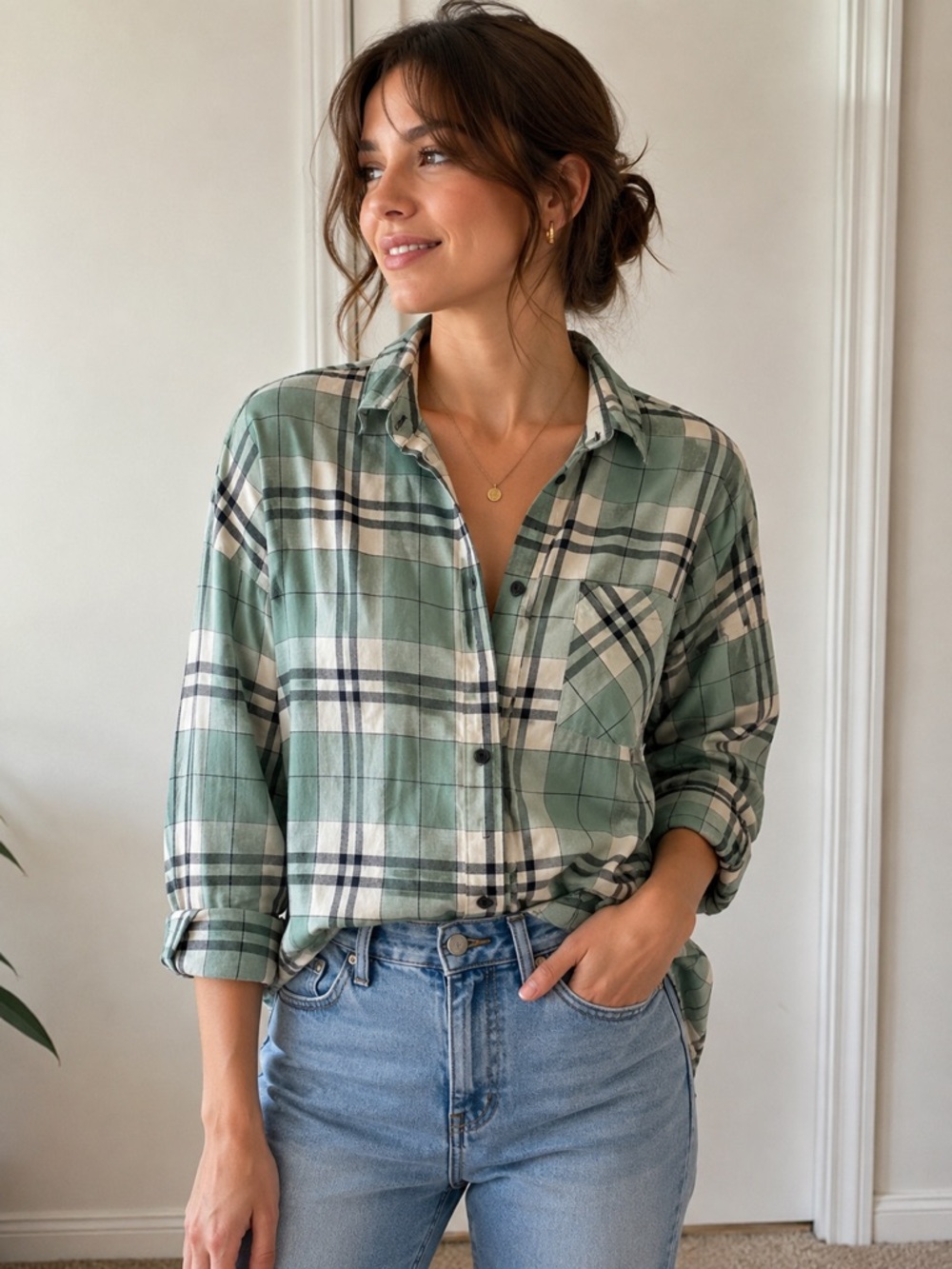 Ricki's Green and White Plaid Button-Down Shirt